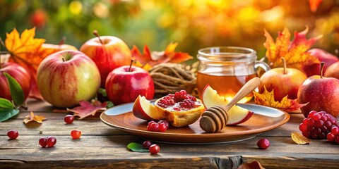 Fototapeta premium Traditional Rosh Hashanah celebration plate with assorted colorful foods, autumn, celebration, autumn, celebration, ritual