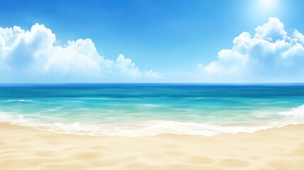 Idyllic beach scene with turquoise ocean, white sand, and fluffy clouds under a bright sun.