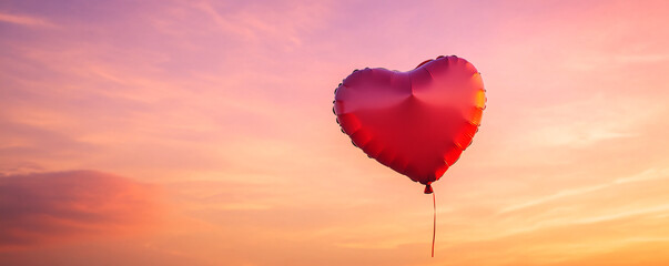 Obraz premium A vibrant heart-shaped balloon floating against a colorful sunset sky.