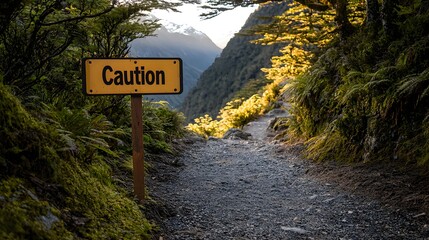 Caution Sign on Hiking Trail Surrounded by Lush Greenery and Scenic Mountain Landscape