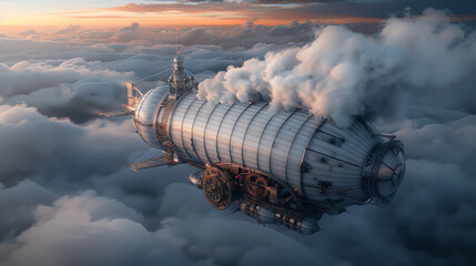 Steampunk Airship Navigating Through Dramatic Clouds at Sunset in a Fantasy Sky