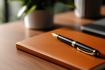 Elegant Fountain Pen Rests on Brown Leather Notebook