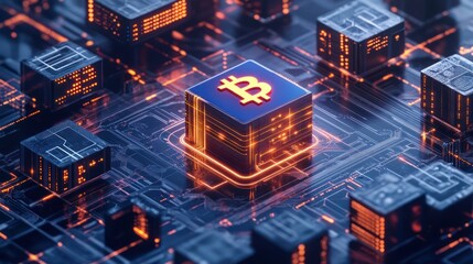 Obraz premium Bitcoin mining, server farm, digital currency, glowing circuit board, cryptocurrency technology