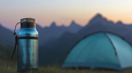 Water Bottle in Nature with Tent at Sunset Scene