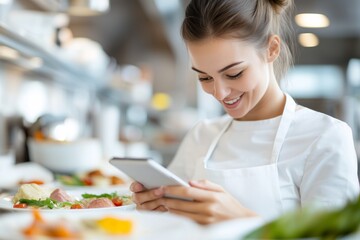Female chef using tablet in restaurant kitchen, browsing recipes or managing orders