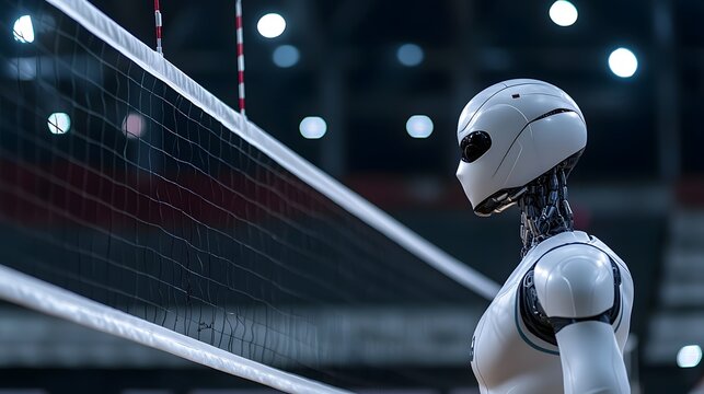 Futuristic Faceless Robot Player Demonstrating Agility on Volleyball Court in Dynamic Sports Environment