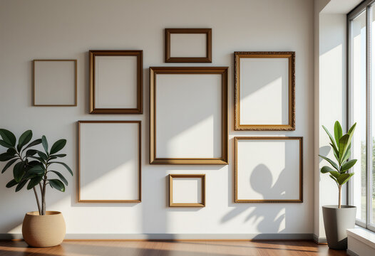 Wall with Empty Picture Frames and Plants