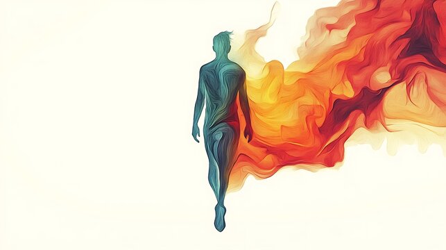 Abstract figure walking through fiery aura,  potential use for a poster or print