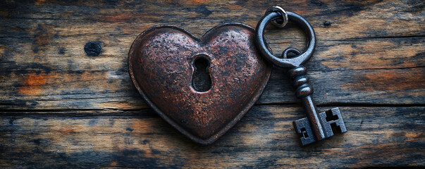 A vintage heart-shaped padlock with an old key resting on rustic wooden background.