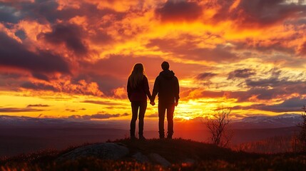 Couple watch sunset in mountains, scenic romantic