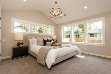 Modern Beige Bedroom With Large Windows And Chandelier