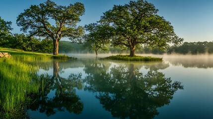 Obraz premium Tranquil lakeside scene with trees reflecting in calm water at sunrise.