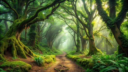 Naklejka premium Dramatic dirt path winding through lush green forest with towering circular tree formations and overgrown foliage creating an air of mystery and ancient magic , circular trees, mysterious path