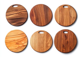 Six round wooden cutting boards with handles, various wood grains, isolated on white.