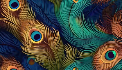 Striking Seamless Pattern Showcasing the Majesty and Vibrancy of Peacock Feathers, Ideal for Digital Art, Home Decor, or Design Inspiration.