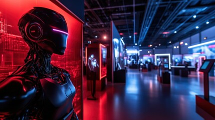 A robotics startup showcasing their latest innovation in a glowing high-tech exhibition hall