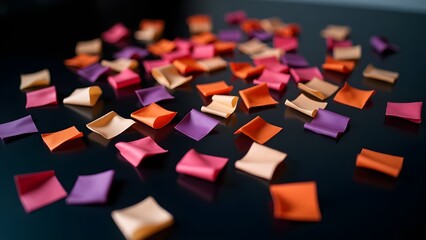 Obraz premium Brightly colored confetti scattered on a glossy black table