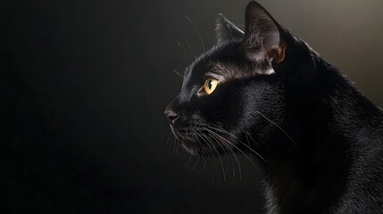 close up of sleek black cat with striking yellow eyes in profile