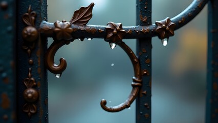  a raindrop falling from an old iron gate