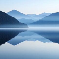 Tranquil Lake Surrounded by Misty Mountains and Serene Reflections at Dawn