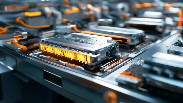 A mass production assembly line of electric vehicle battery cells in modern technology	