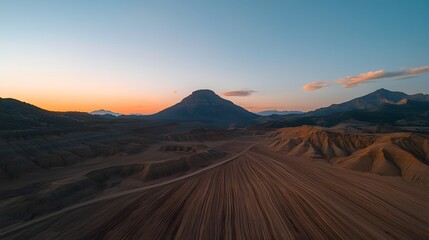 Naklejka premium Elevated View of Rugged Mountain Scenery at Sunset with Dramatic Cloud Patterns and Vibrant Colors