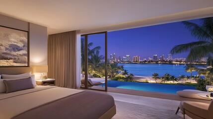 Fototapeta premium Luxurious Bedroom Overlooking City Skyline and Pool