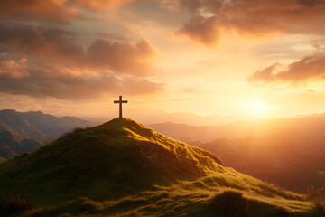 serene sunset over mountains with lone cross on grassy hilltop