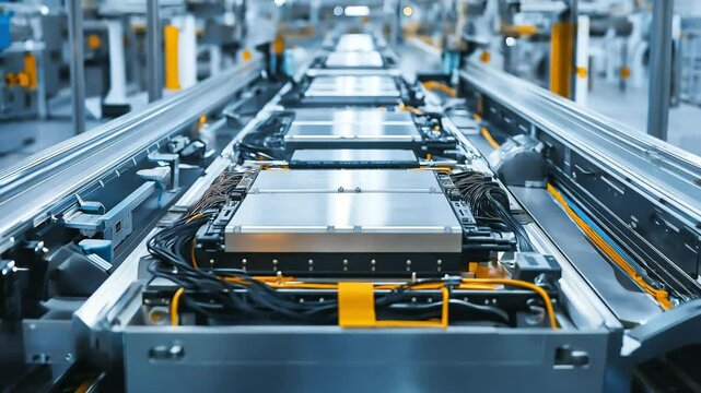 A mass production assembly line of electric vehicle battery cells in modern technology	