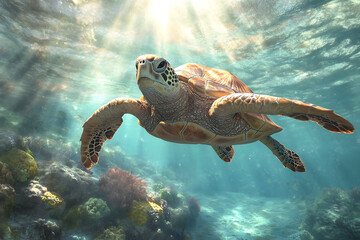 Obraz premium Majestic sea turtle gliding gracefully through clear blue water