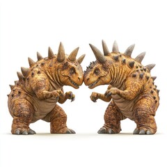 Fototapeta premium Two Colorful Dinosaur Figures Facing Each Other on a Clean White Background