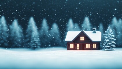 A cozy cabin in a snowy landscape, illuminated at night, surrounded by snow-covered trees under a serene winter sky.