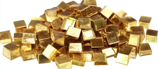 Pile of small gold cubes isolated on white background.
