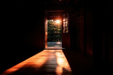Obraz premium Sunset light streams through an open wooden door