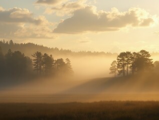 Naklejka premium Misty Morning in a Serene Landscape