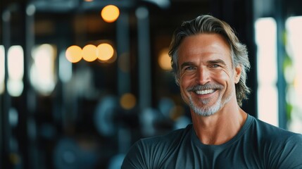 Obraz premium Portrait of happy senior male in gym after walkout training.