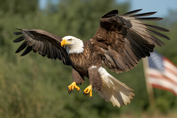 Obraz premium majestic bald eagle soaring with its wings spread wide, showcasing its power and grace