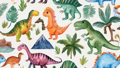 Vibrant Watercolor Illustration of Dinosaurs and Mountains A whimsical blend of prehistoric creatures amidst majestic landscapes, showcasing a unique childrens artistry.