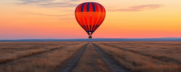Vibrant Hot Air Balloon Gliding Over Golden Fields at Sunrise with Colorful Sky