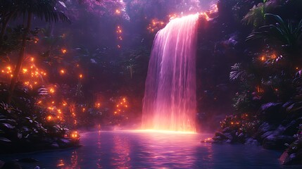 Fototapeta premium Pink waterfall, lush jungle, glowing flora, night scene, fantasy backdrop