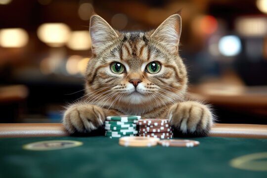 A cat displays a serious expression while resting its paws on poker chips at a casino table filled with game excitement. The warm lighting creates a vibrant atmosphere