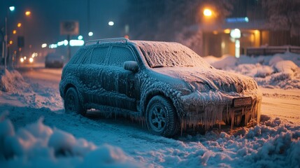 A car completely coated in frost, with ice forming around its wheels