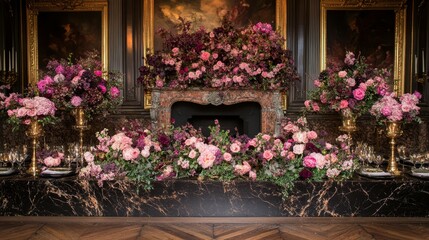 Fototapeta premium Luxurious Floral Arrangement Wedding Decor Fireplace