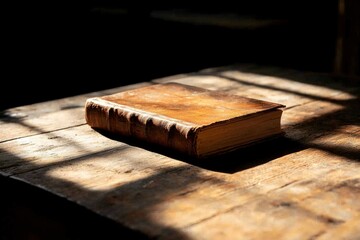 Antique Leather Bound Book Rests On Wooden Table