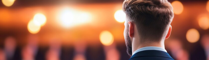 Obraz premium A focused individual preparing to address an audience, surrounded by soft lighting and a professional atmosphere.