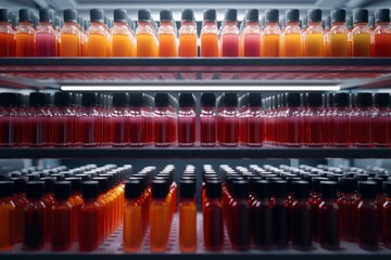 Numerous small bottles filled with colored liquids are neatly arranged on shelves