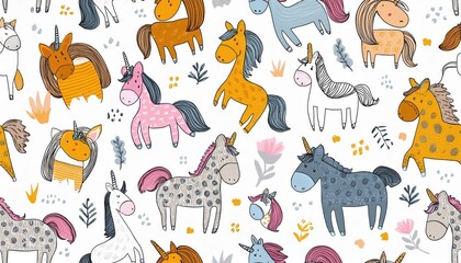 Vibrant, whimsical seamless pattern showcasing enchanting handdrawn animals against a lively, childlike backdrop featuring horses, unicorns, and giraffes.