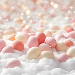 Colorful eggs scattered on snowy ground with soft bokeh lights