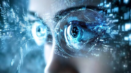 Eyes looking at digital code background for tech use