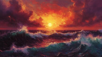 Fototapeta premium Fiery Sunset Over Turbulent Ocean Waves